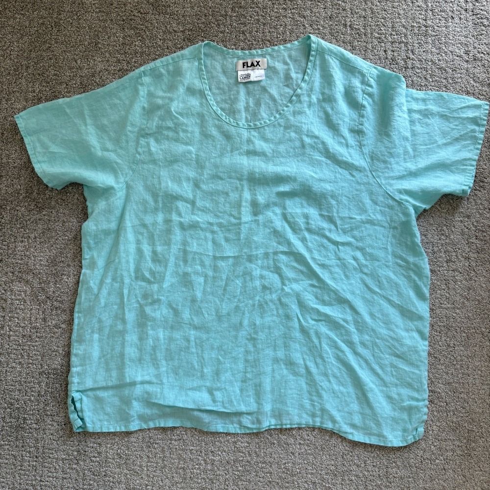 FLAX Large Aqua Blue Linen 2 Piece Set Top Pants Coastal Lagenlook Beach Summer - Picture 2 of 16